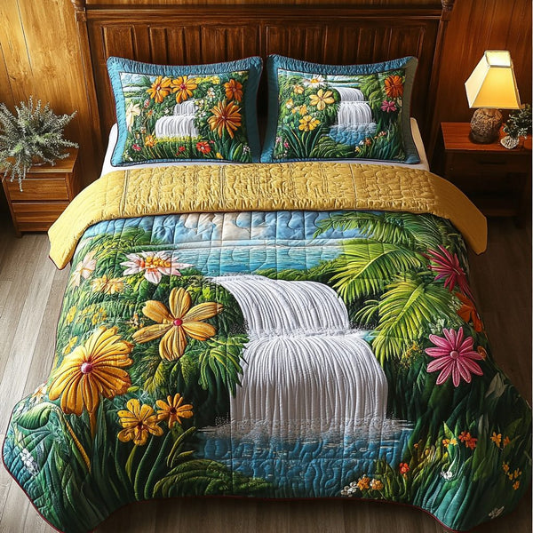 Island Escape quilted 3-piece bedding set on a made bed in a light coastal bedroom