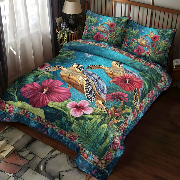 Island Explorer quilted 3-piece bedding set on a made bed in a light coastal bedroom