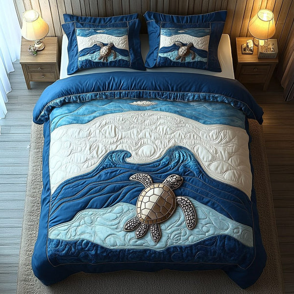 Island Floater quilted 3-piece bedding set on a made bed in a light coastal bedroom