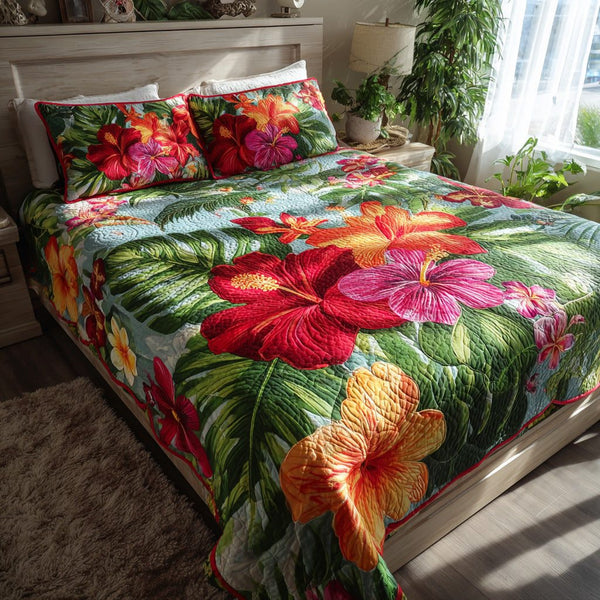 Island Foliage quilted 3-piece bedding set on a made bed in a light coastal bedroom
