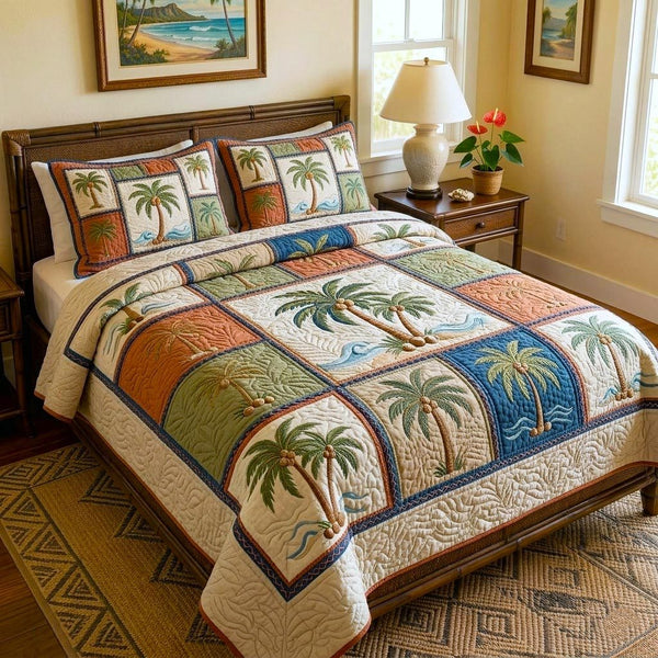 Island Getaway quilted 3-piece bedding set on a made bed in a light coastal bedroom