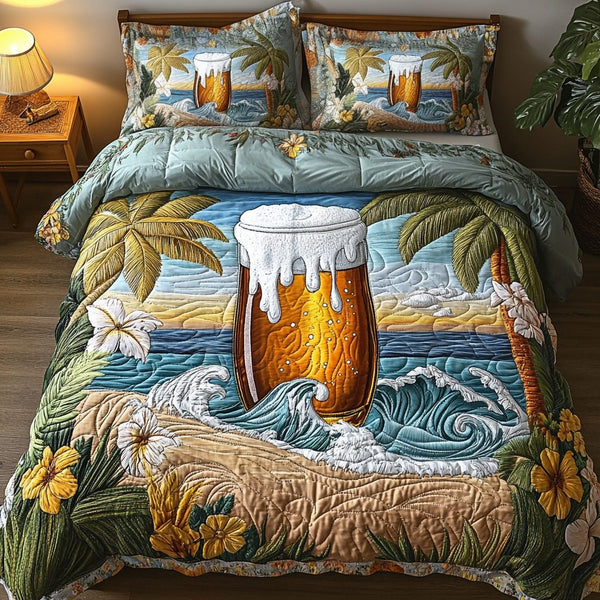 Island Glass quilted 3-piece bedding set on a made bed in a light coastal bedroom