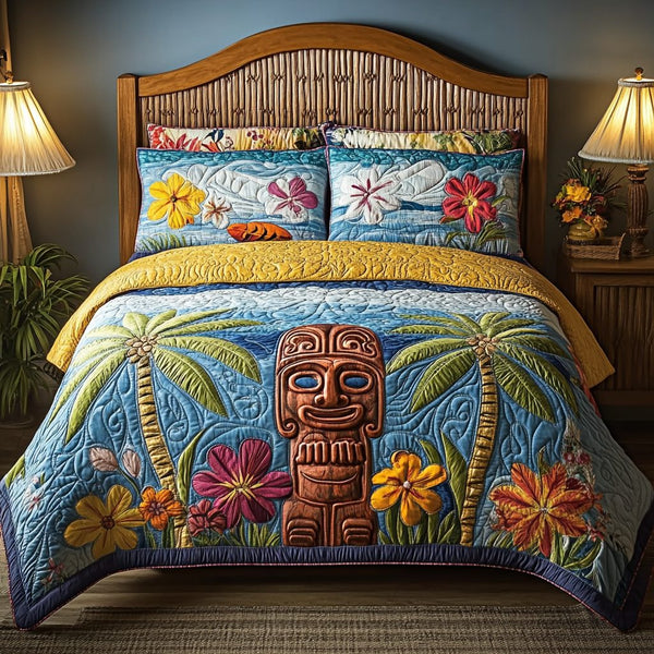 Island Guardian quilted 3-piece bedding set on a made bed in a light coastal bedroom