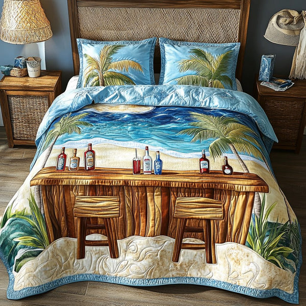 Island Heart quilted 3-piece bedding set on a made bed in a light coastal bedroom