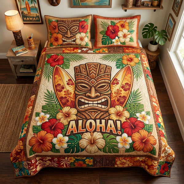 Island Mask quilted 3-piece bedding set on a made bed in a light coastal bedroom