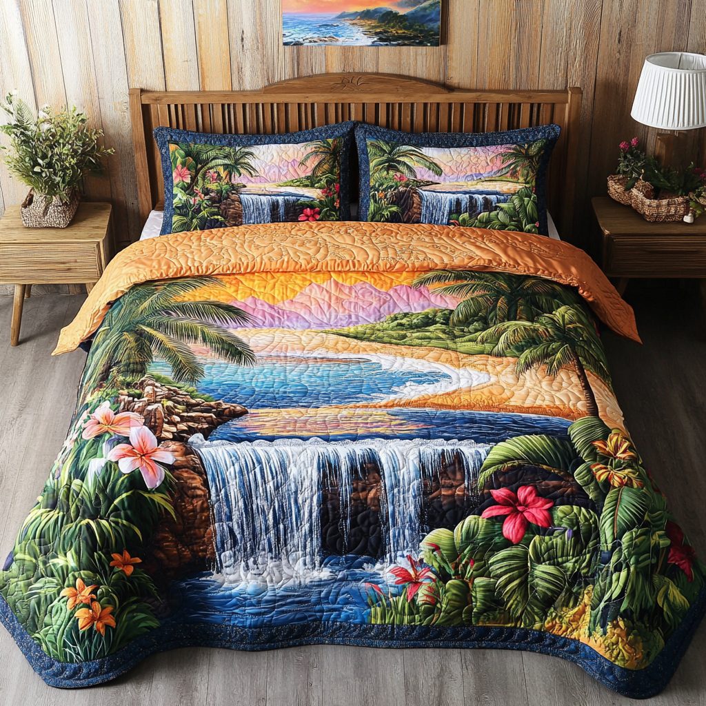 Island Mist quilted 3-piece bedding set on a made bed in a light coastal bedroom