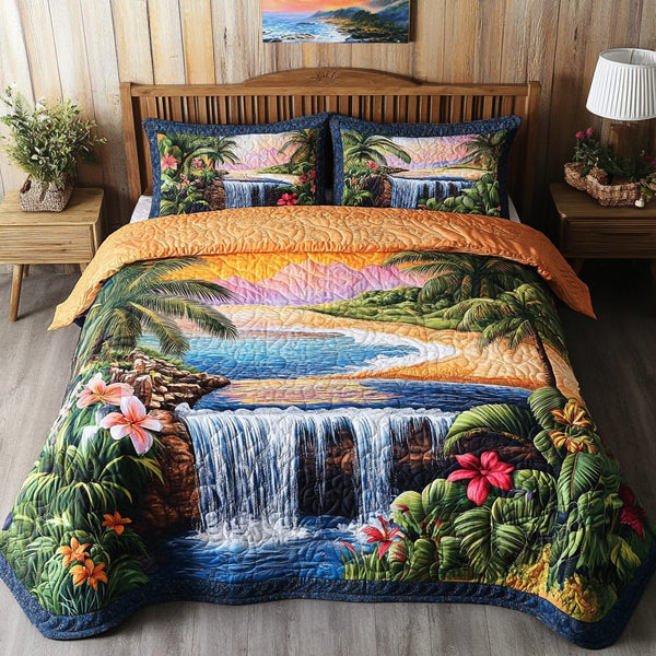 Island Mist quilted 3-piece bedding set on a made bed in a light coastal bedroom