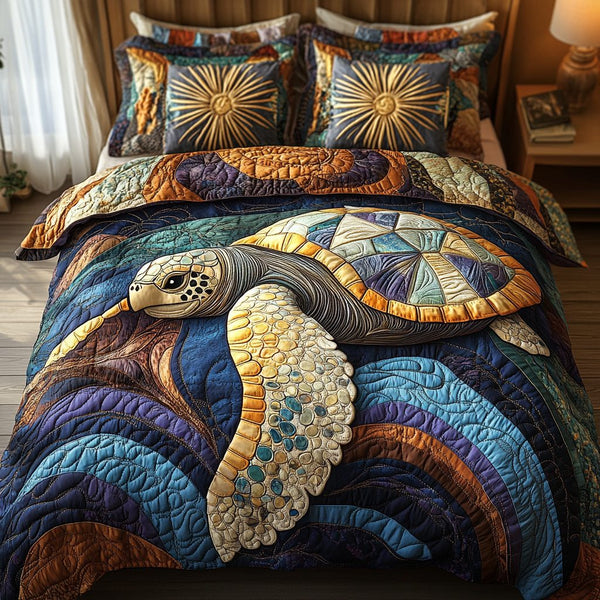 Island Nomad quilted 3-piece bedding set on a made bed in a light coastal bedroom
