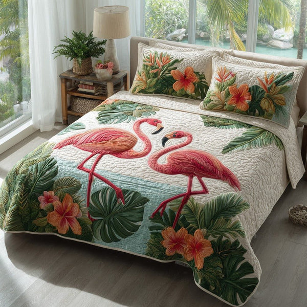 Island Pair quilted 3-piece bedding set on a made bed in a light coastal bedroom