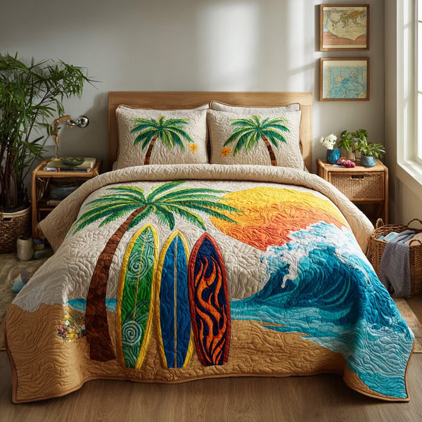 Island Palm quilted 3-piece bedding set on a made bed in a light coastal bedroom