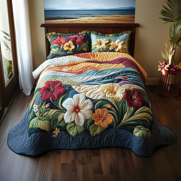 Island Paradise quilted 3-piece bedding set on a made bed in a light coastal bedroom