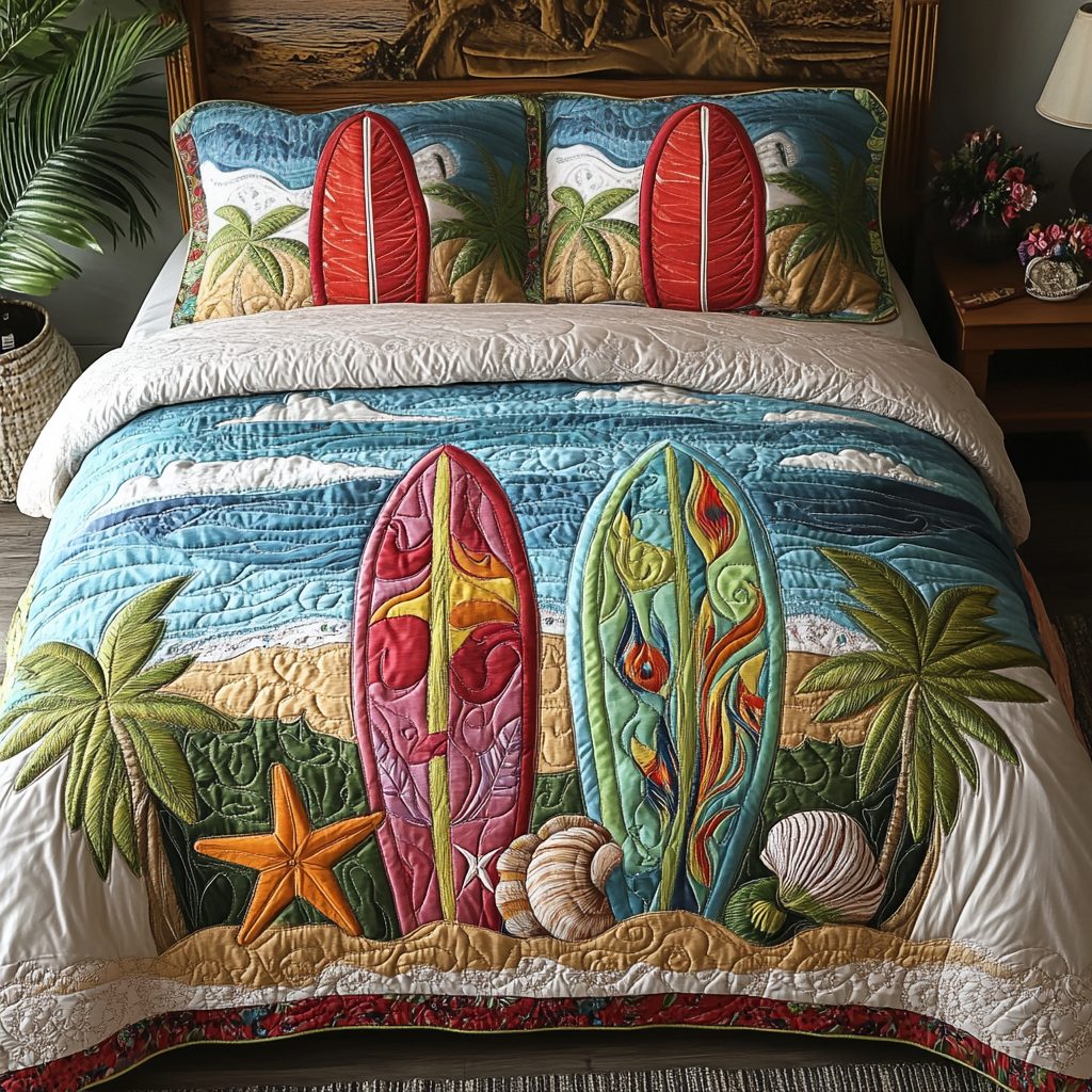 Island Paradise quilted 3-piece bedding set on a made bed in a light coastal bedroom