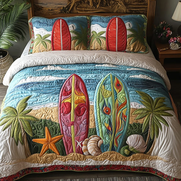 Island Paradise quilted 3-piece bedding set on a made bed in a light coastal bedroom