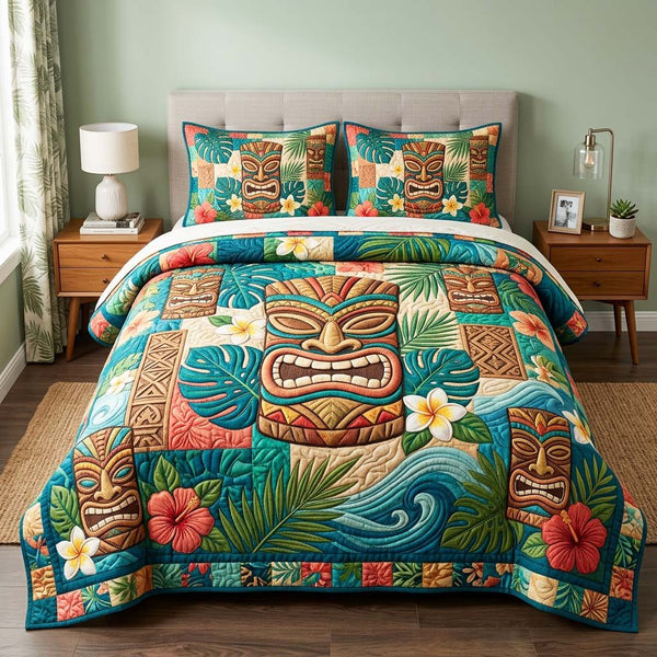 Island Patch quilted 3-piece bedding set on a made bed in a light coastal bedroom