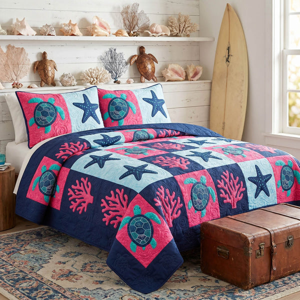 Island Patch quilted 3-piece bedding set on a made bed in a light coastal bedroom