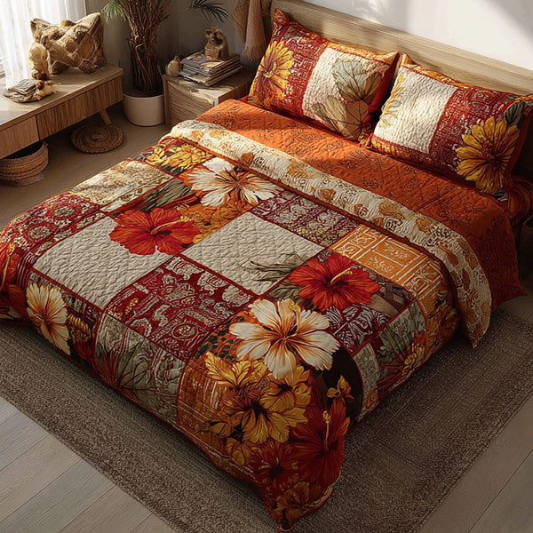 Island Patchwork quilted 3-piece bedding set on a made bed in a light coastal bedroom