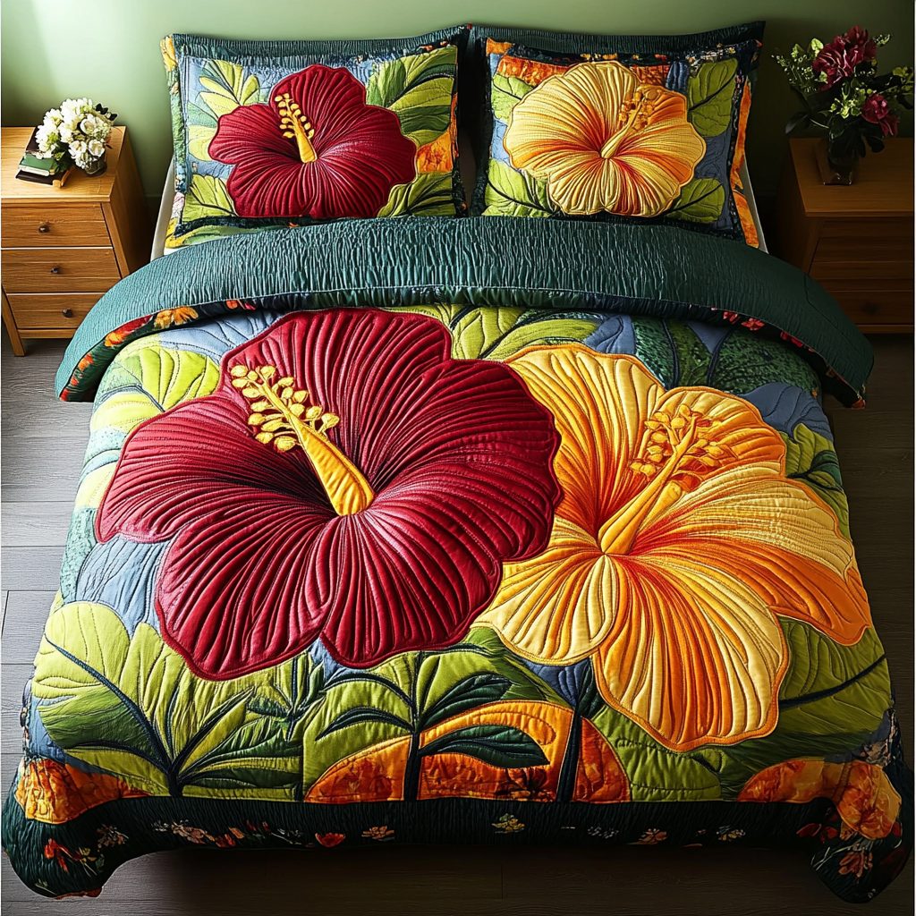 Island Petals quilted 3-piece bedding set on a made bed in a light coastal bedroom