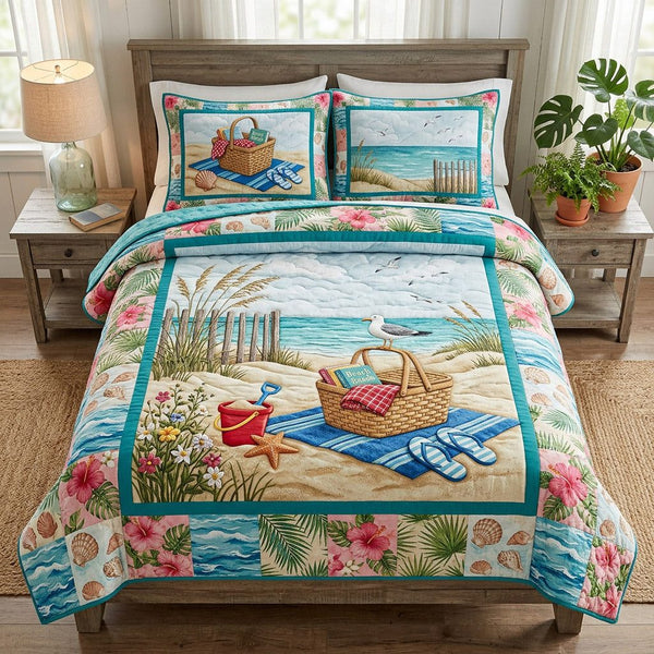 Island Picnic Escape quilted 3-piece bedding set on a made bed in a light coastal bedroom