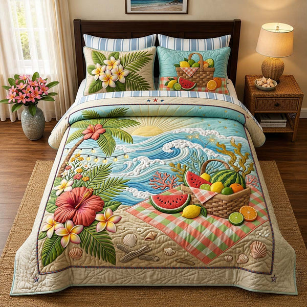 Island Picnic quilted 3-piece bedding set on a made bed in a light coastal bedroom