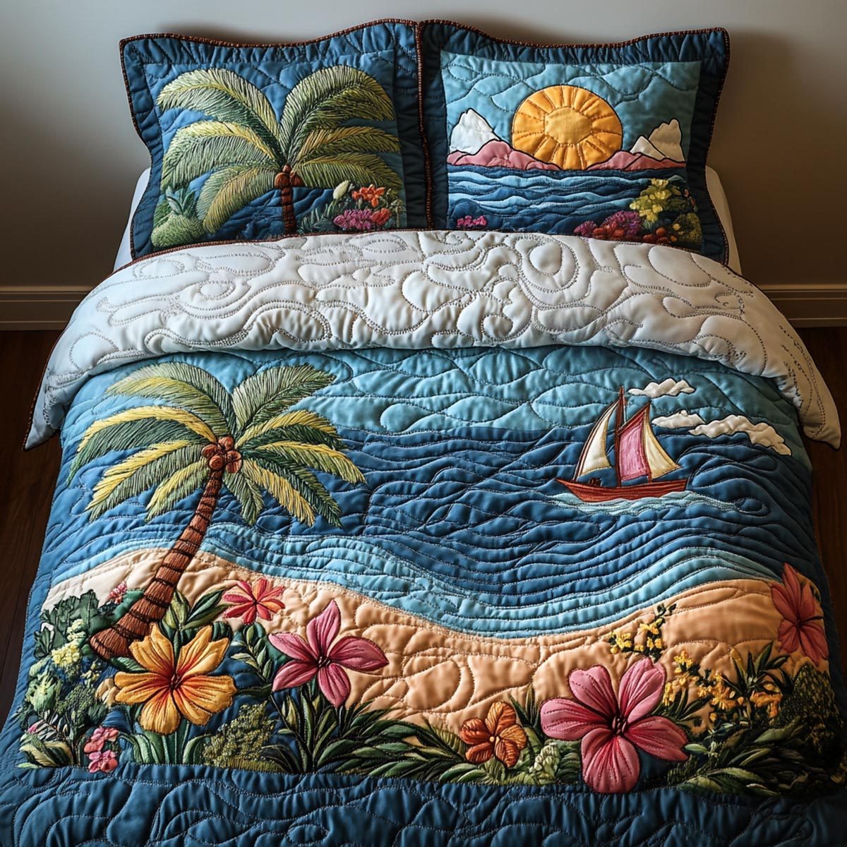 Island Retreat quilted 3-piece bedding set on a made bed in a light coastal bedroom