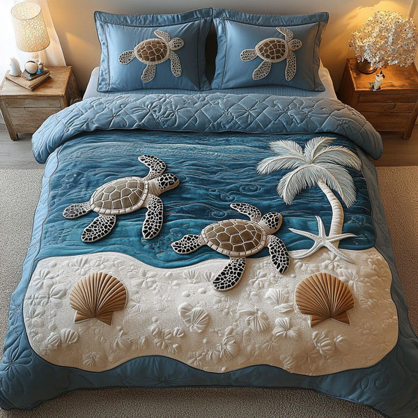 Island Roamer quilted 3-piece bedding set on a made bed in a light coastal bedroom