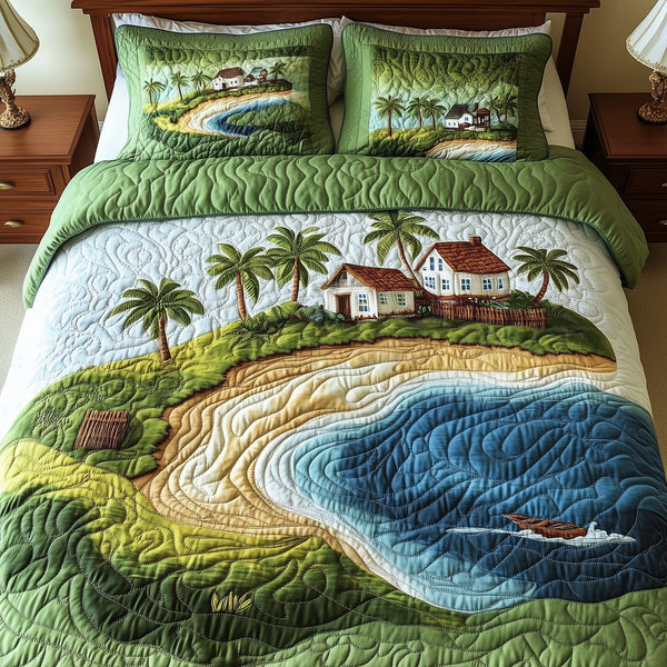 Island Serenity quilted 3-piece bedding set on a made bed in a light coastal bedroom