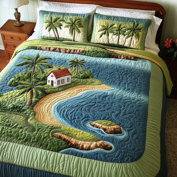 Island Serenity quilted 3-piece bedding set on a made bed in a light coastal bedroom