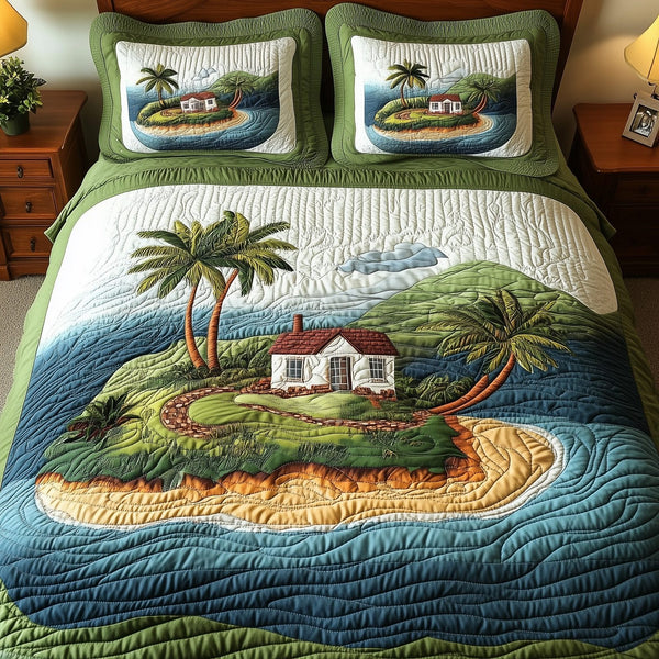 Island Serenity quilted 3-piece bedding set on a made bed in a light coastal bedroom