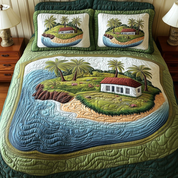 Island Serenity quilted 3-piece bedding set on a made bed in a light coastal bedroom