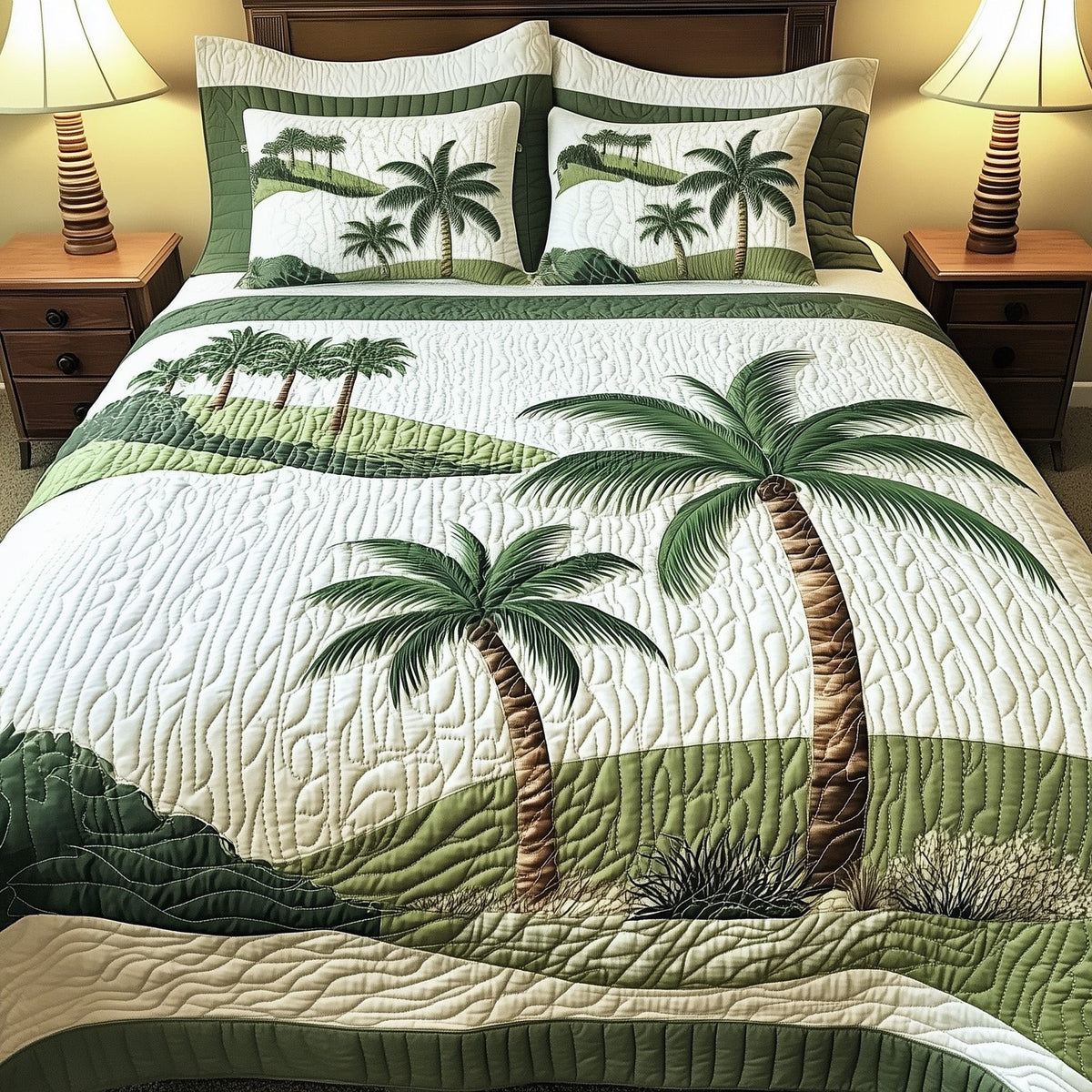 Island Serenity quilted 3-piece bedding set on a made bed in a light coastal bedroom