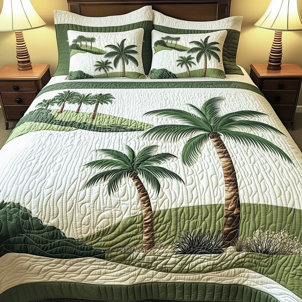 Island Serenity quilted 3-piece bedding set on a made bed in a light coastal bedroom