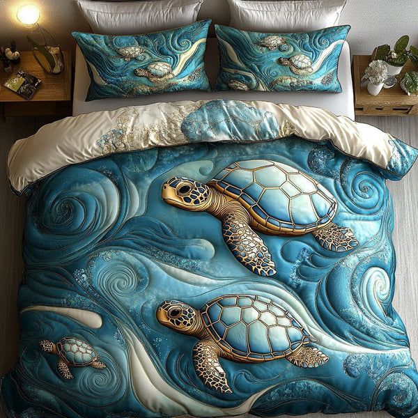 Island Shellscape quilted 3-piece bedding set on a made bed in a light coastal bedroom