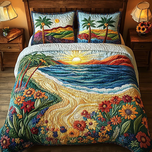 Island Shore quilted 3-piece bedding set on a made bed in a light coastal bedroom