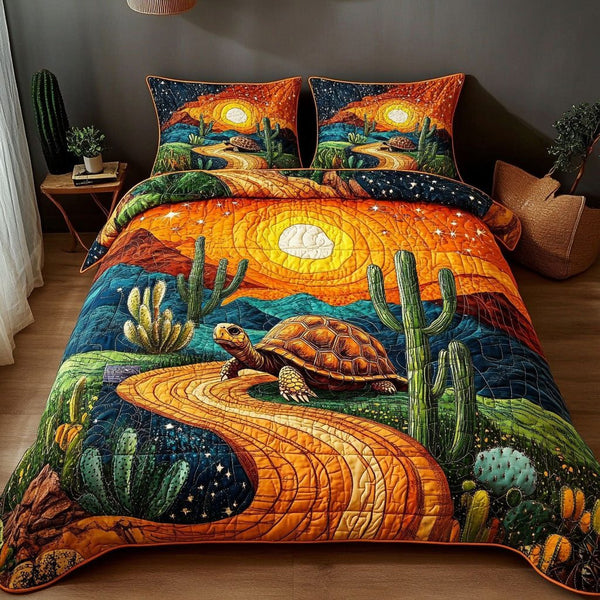Island Steps quilted 3-piece bedding set on a made bed in a light coastal bedroom