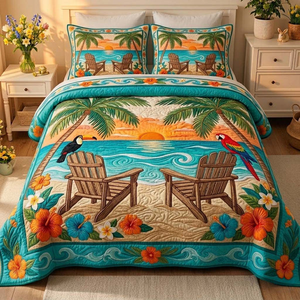 Island Sunset Glow quilted 3-piece bedding set on a made bed in a light coastal bedroom