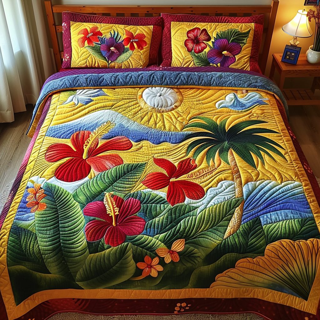 Island Sunset Hibiscus quilted 3-piece bedding set on a made bed in a light coastal bedroom