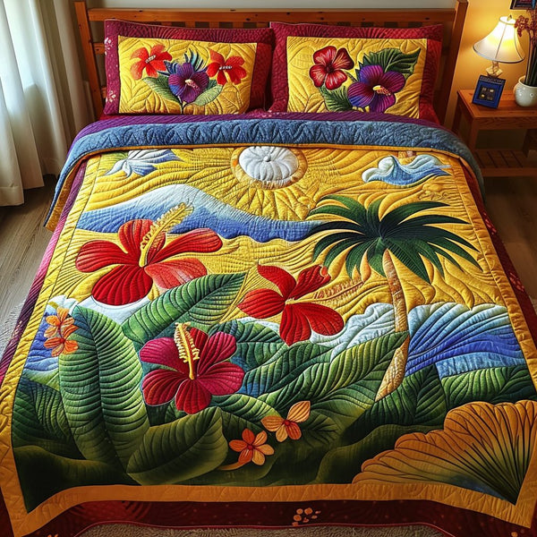 Island Sunset Hibiscus quilted 3-piece bedding set on a made bed in a light coastal bedroom