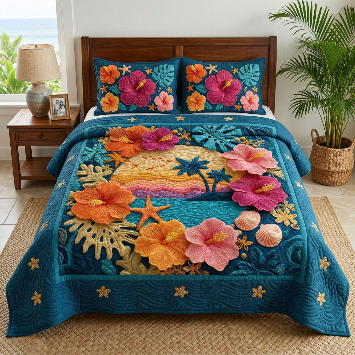 Island Sunset quilted 3-piece bedding set on a made bed in a light coastal bedroom
