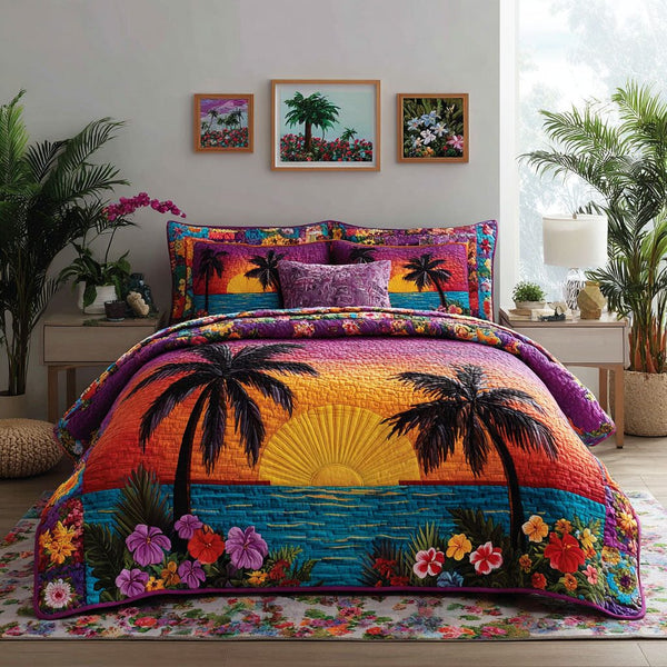 Island Sunset quilted 3-piece bedding set on a made bed in a light coastal bedroom