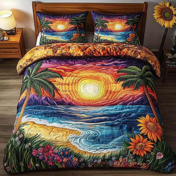 Island Sunset quilted 3-piece bedding set on a made bed in a light coastal bedroom