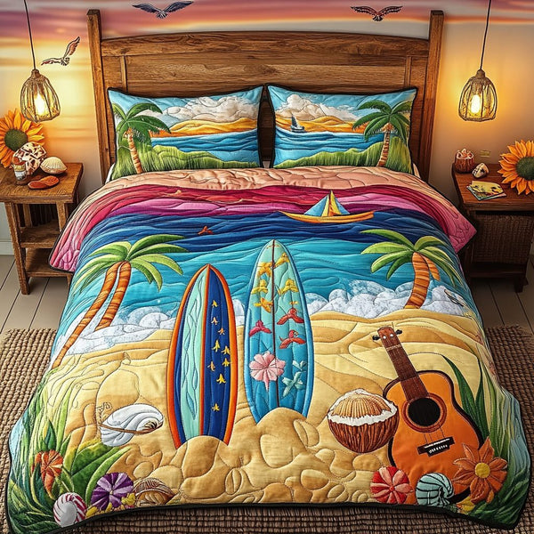 Island Surf quilted 3-piece bedding set on a made bed in a light coastal bedroom