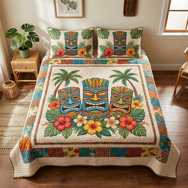 Island Totem quilted 3-piece bedding set on a made bed in a light coastal bedroom