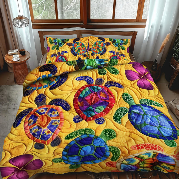 Island Turtle Dream quilted 3-piece bedding set on a made bed in a light coastal bedroom