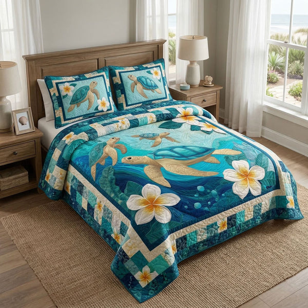 Island Turtle Escape quilted 3-piece bedding set on a made bed in a light coastal bedroom
