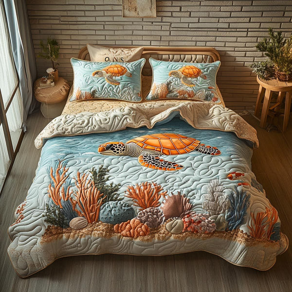Island Turtle quilted 3-piece bedding set on a made bed in a light coastal bedroom