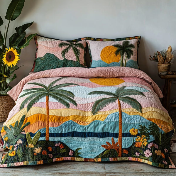 Island Vibe quilted 3-piece bedding set on a made bed in a light coastal bedroom