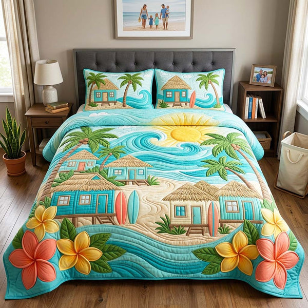 Island Village quilted 3-piece bedding set on a made bed in a light coastal bedroom