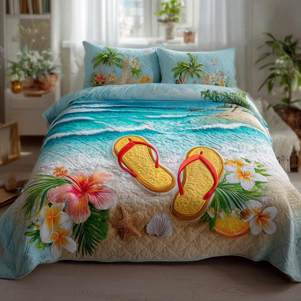 Island Walk quilted 3-piece bedding set on a made bed in a light coastal bedroom