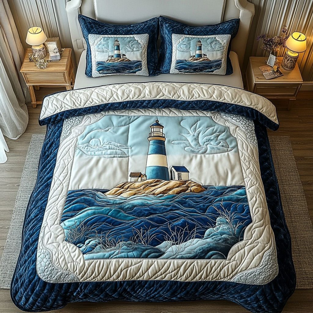 Island Watch quilted 3-piece bedding set on a made bed in a light coastal bedroom