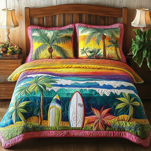 Island Waves quilted 3-piece bedding set on a made bed in a light coastal bedroom